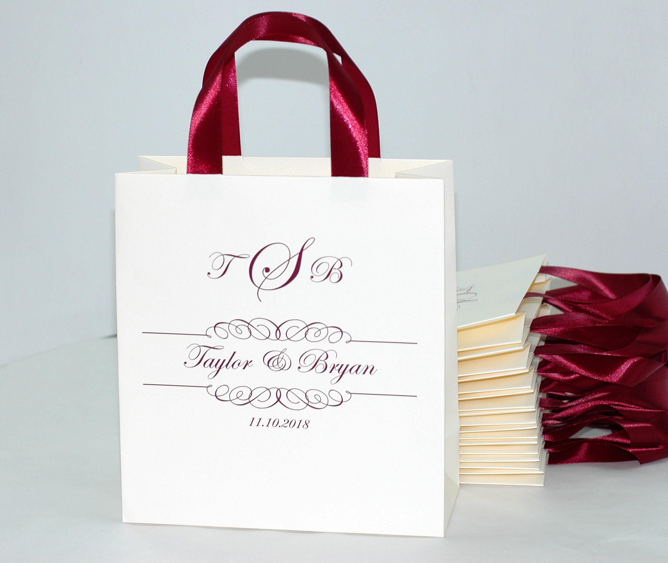 20 Wedding Monogram Gift Bags With Burgundy Satin Ribbon Etsy