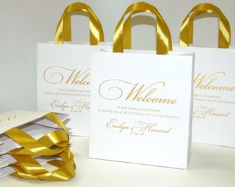 35 Gold Wedding Welcome Bags with satin ribbon handles and custom names - Gift bags for wedding guests - Weddings Gifts and Favors