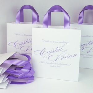 35 Wedding Welcome Bags with satin ribbon handles and your names - Lavender Wedding Favor bags for wedding guests Weddings Gifts and Favors