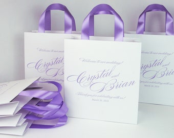 35 Wedding Welcome Bags with satin ribbon handles and your names - Lavender Wedding Favor bags for wedding guests Weddings Gifts and Favors