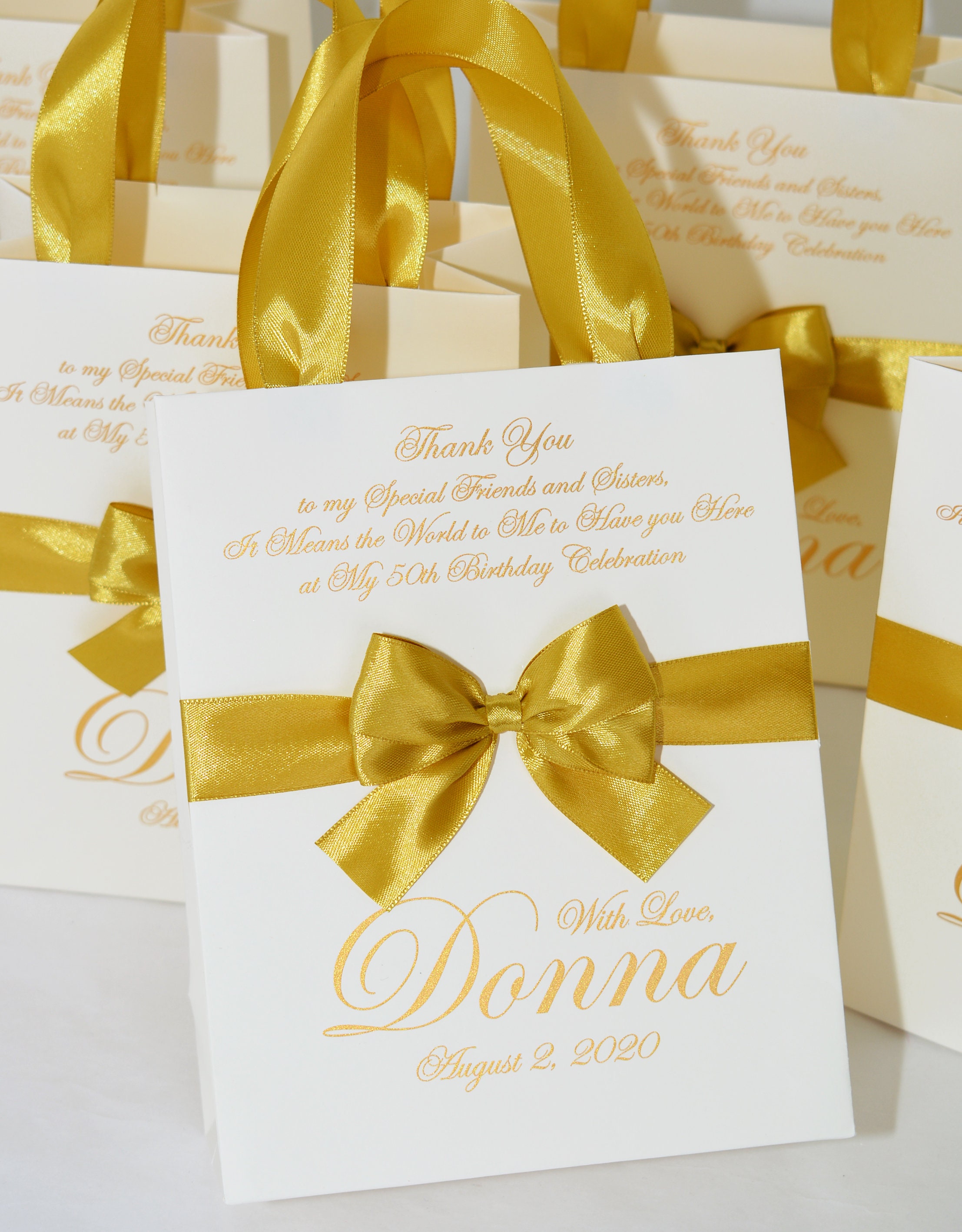 25 Elegant Black & Gold Birthday Party Bags for Your Guests With Satin  Ribbon Handles, Bow and Custom Name Personalized Anniversary Gift Bag 