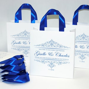 35 Royal Blue Wedding Welcome Bags with satin ribbon handles and your names Elegant Personalized Gift bags for wedding favor for guests
