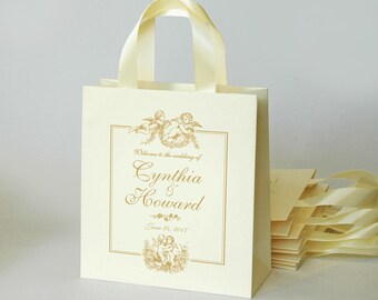 40 Wedding Welcome Bags with satin ribbon handles, angels and names - Ivory & Gold Bags for your guests - Elegant Wedding Gifts and Favors