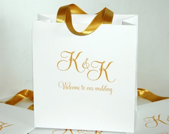 30 Gold Personalized Wedding Welcome Bags with satin ribbon handles and custom print Elegant gift bags for wedding favor for guests