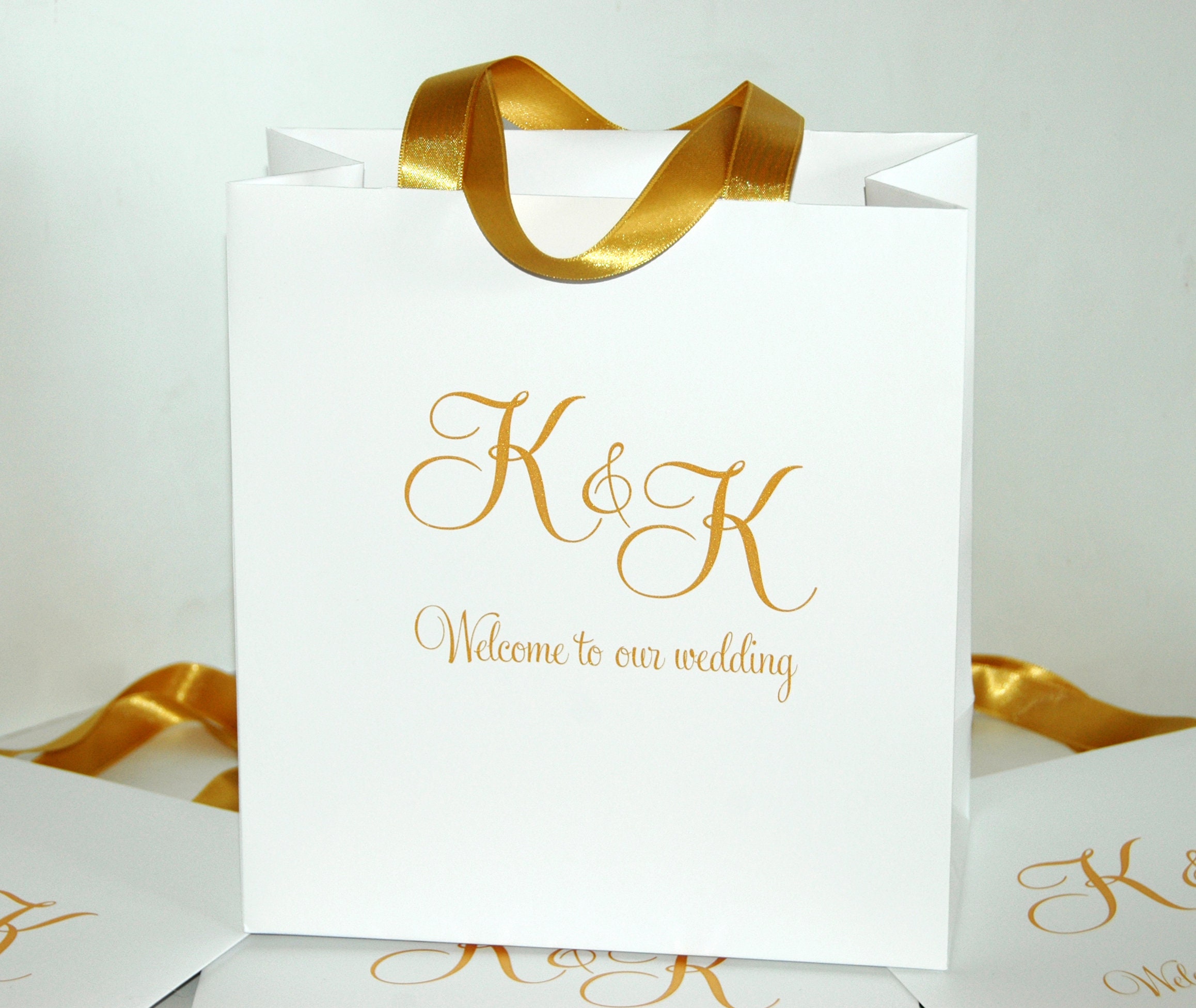 30 Gold Personalized Wedding Welcome Bags With Satin Ribbon 