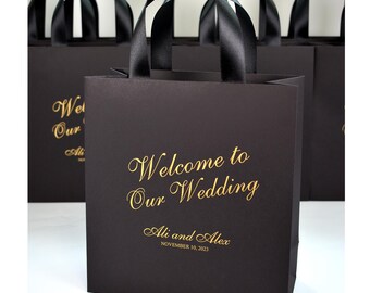 Personalized Wedding Welcome Bags: Black & Gold with Satin Ribbon. Set of 30