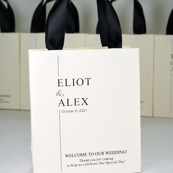 40 Ivory Wedding Welcome Bags with satin ribbon handles and your names, Elegant Personalized Wedding gifts and favors for guests