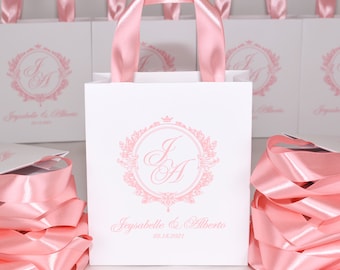 35 Personalized Wedding Welcome Bags, Monogrammed Blush Ribbon Handles, Elegant Favors