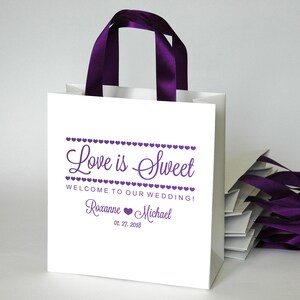 20 Wedding Welcome Bags with Purple satin ribbon handles and your names - Love is sweet bags for your guests - Weddings Gifts and Favors.