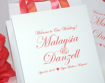 20 Coral Wedding Welcome Bags with satin ribbon and names - Personalized wedding gift bags for guests - Elegant Wedding Gifts and Favors