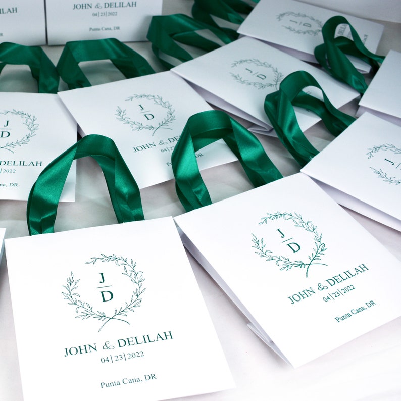 40 Emerald Green Wedding Welcome Bags with satin ribbon handles and your names, Elegant Personalized Wedding gifts and favors for guests image 2