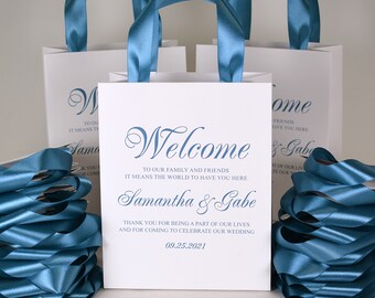 20 Personalized Wedding Welcome Bags, Dusty Blue Ribbon Handles