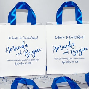 25 Wedding Welcome Bags with Royal Blue satin ribbon handles and your names - Elegant Personalized wedding favor bags for guests