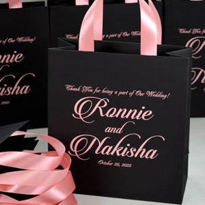 35 Blush Wedding Welcome Bags with satin ribbon handles and names, Elegant Personalized Wedding gifts and favors for your guests