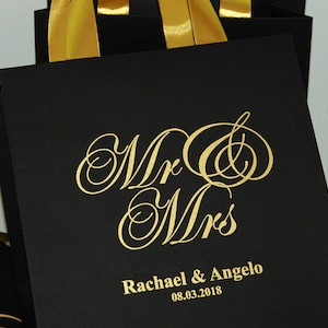 Mr & Mrs Welcome Bags with satin ribbon handles and names - Personalized Wedding Welcome Bags for guests - Black and Gold Wedding Favors