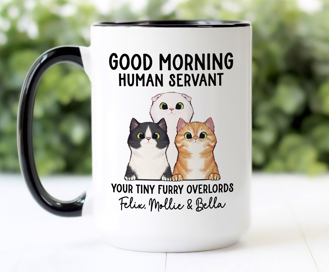 Custom Cat Mug Good Morning Human Servant, Your Tiny Furry Overlords Personalized Funny Cat Gift