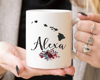 Personalized Hawaii Coffee Mug, Ceramic Mug, 11 or 15 Ounce Mug, Floral State Name Mug, Custom Gift, Birthday Gift, Bridesmaid Gift