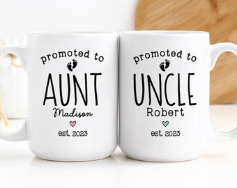 Custom Coffee Mug Set | Promoted To Aunt | Promoted to Uncle | Personalized Pregnancy Announcement Gift