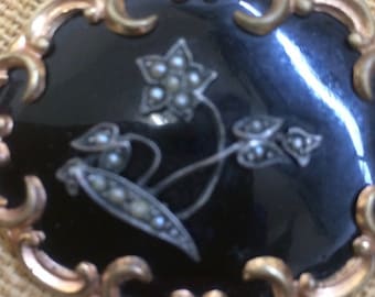 Antique Victorian Mourning Brooch, Black Enamel, Seed Pearl Flower