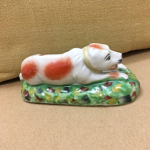 REDUCED Rare Antique Staffordshire Pottery Dog on Cushion, Gifts for Pottery Collectors, China Collectors, Gifts for Dog Lovers