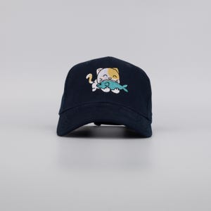 Cute eating kitty Embroidered Navy Baseball Cap // **Reduced To Clear** // cat / kitten / fish / dog // Hatty Hats