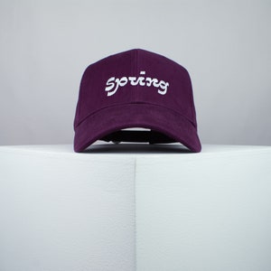 May include: A purple baseball cap with a white embroidered "Spring" logo.