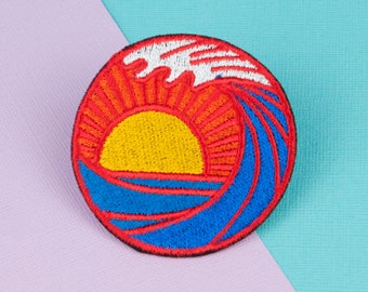 Sunset wave iron on patch / japanese / patches / ocean / embroidery / patch / enamel pin / pin / embroidered patch back patch // Hatty Hats