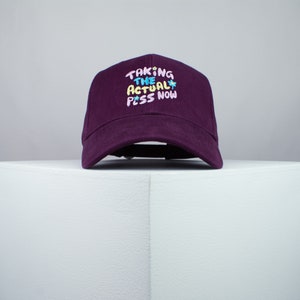 May include: A purple baseball cap with the text "TAKING THE ACTUAL PISS NOW" embroidered in pink, blue, and yellow.