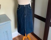 1980s Dark Blue Indigo Denim High Waisted Waist Pencil Skirt with Back and Front Slits Lord Isaacs Size Small