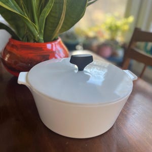 May include: A white, lidded casserole dish with a black handle sits on a wooden table. The dish has two small handles on either side. A red and orange ceramic pot with a green plant is in the background.