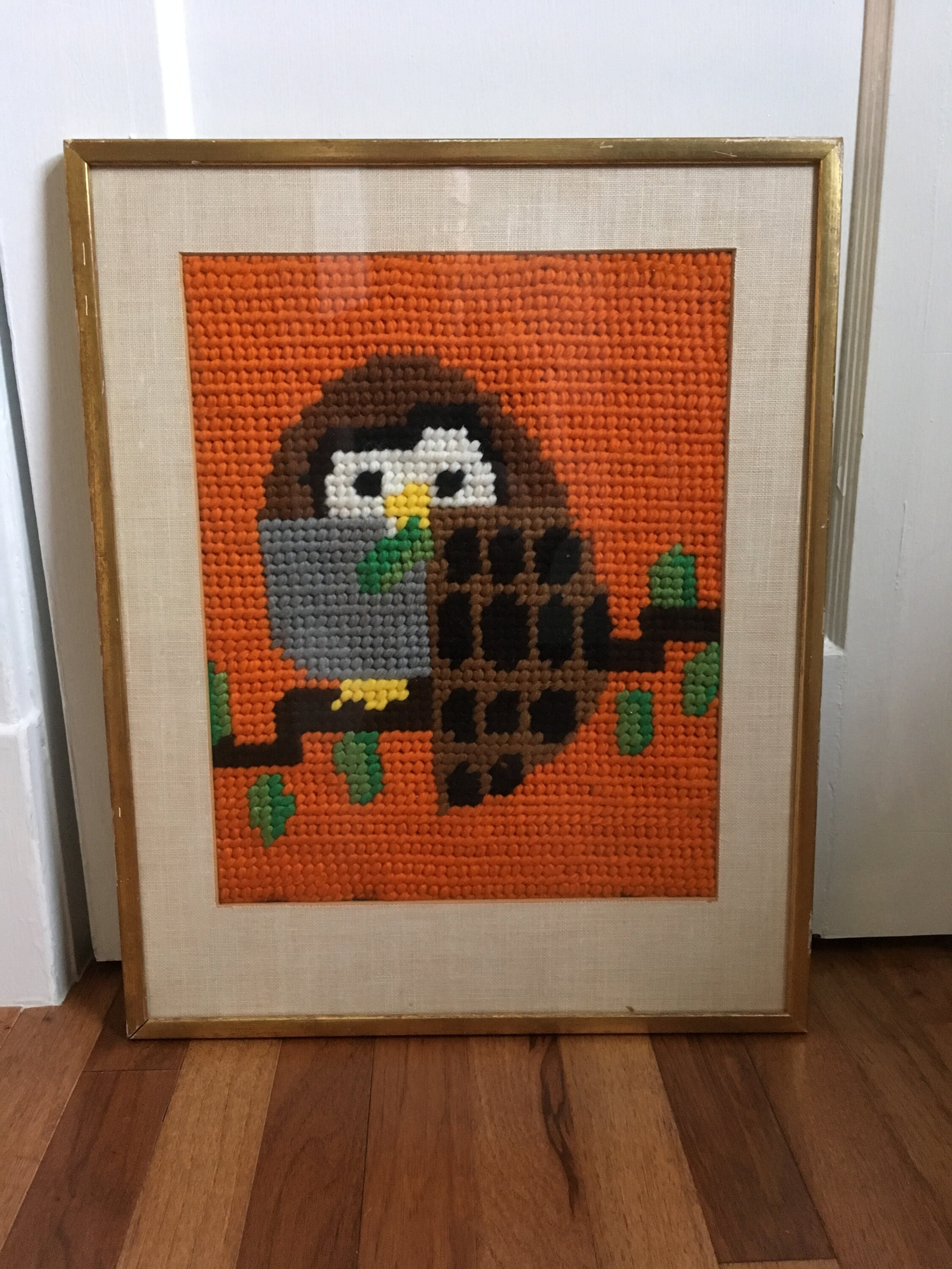 Large Framed Vintage Owl Needlepoint from the 1970s Etsy