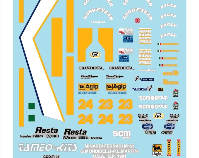 1:43 waterslide serigraphed decals Minardi Ferrari M191 USA GP 1991 Martini/Morbidelli Tameo TMK141