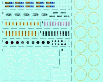 1:43 waterslide decal sheet with tire markings, seatbelts producers, radiators, fire extinguishers etc Tameo DG01