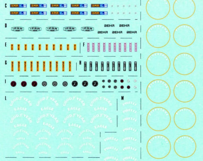 generic decal sheet with tire markings, seatbelts producers, radiators, fire extinguishers and so on 1:43 Tameo DG01