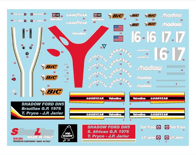 1:43 waterslide serigraphed decals Shadow DN5 Brazilian/S.African GP 1976 Pryce and Jarier Tameo SLK024