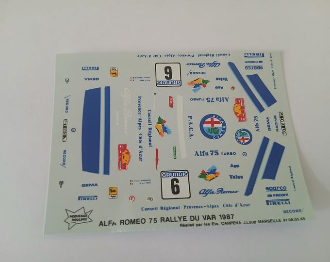 1:43 decals sheet for Alfa Romeo 75 Rallye du Var 1987 #6 Panciatici Provence Moulage Carpena production