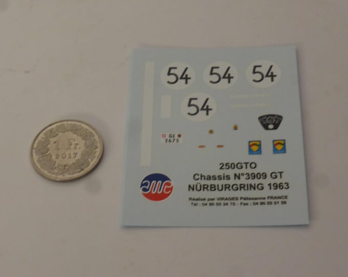 1:43 waterslide decals for Ferrari 250 GTO 3909GT Filipinetti 1000km Nurburgring 1963 #64 Muller/Walter