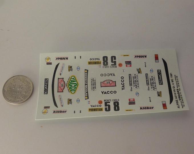 1:43 waterslide decals for Alpine Renault A310 Gr4 Yacco Rally Monte Carlo 1981 #58