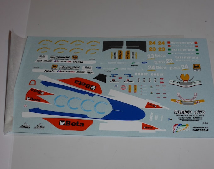 1:43 decals sheet for Minardi M193 F.1 1993 Alboreto and Martini Tameo production T148