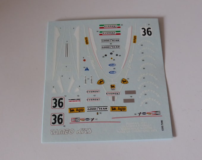 1:43 decals sheet for Ferrari 312 T Formula 1 Scuderia Everest Race of Champions 1976 Giancarlo Martini Tameo T296