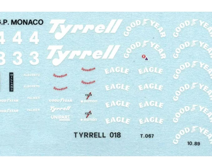 1:43 waterslide serigraphed decals Tyrrell Cosworth 018 Monaco GP 1989 Palmer/Alboreto Tameo TMK095