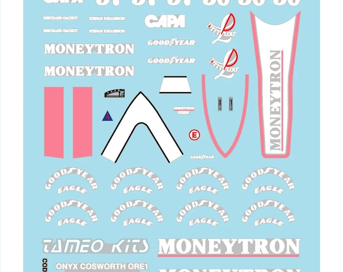 1:43 waterslide serigraphed decals Onyx Cosworth ORE1 British GP 1989 Gachot/Johansson Tameo TMK107