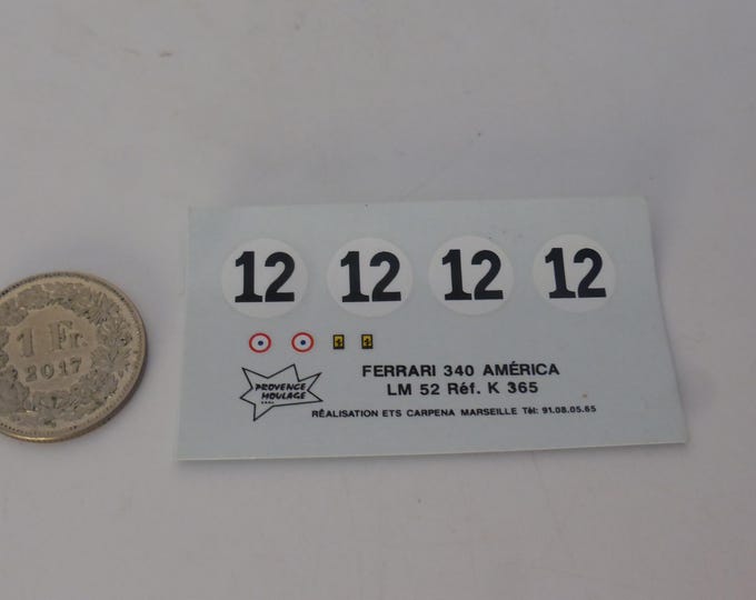 1:43 decals for Ferrari 340 America Vignale Spyder Le Mans 1952 #12 Chinetti/Lucas