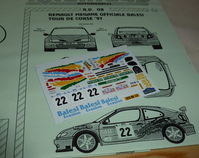 high quality 1:43 decals sheet for Renault Mégane Works car Tour de Corse 1997 #22 Balesi/Cirindini RACING43 RD08