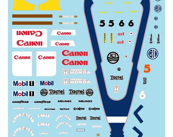 1:43 waterslide serigraphed decals Williams Honda FW11B Australian GP 1987 Piquet/Patrese Tameo TMK067