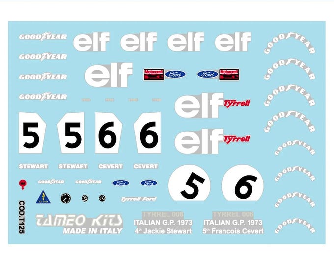 1:43 waterslide serigraphed decals Tyrrell Ford 006 Italian GP 1973 Stewart/Cevert Tameo WCT73