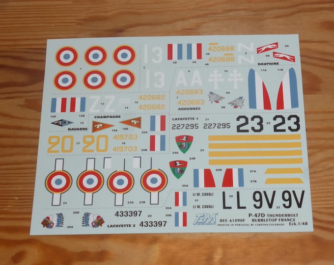 waterslide decals for Republic P47D Thunderbolt Bubbletop in French versions T2M decals 1:48 61090F