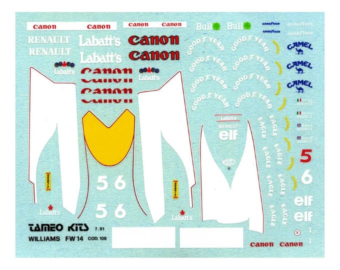 1:43 waterslide serigraphed decals Williams Renault FW14 Brazilian GP 1991 Mansell/Patrese Tameo TMK138