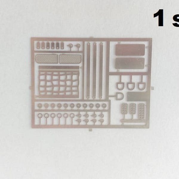 Set of photo-etched hooks, grilles, pedals, IMSA nets and other small parts for racing GT and sports cars 1:43 scale models