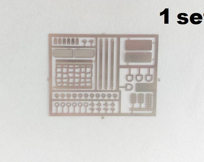 Set of photo-etched hooks, grilles, pedals, IMSA nets and other small parts for racing GT and sports cars 1:43 scale models